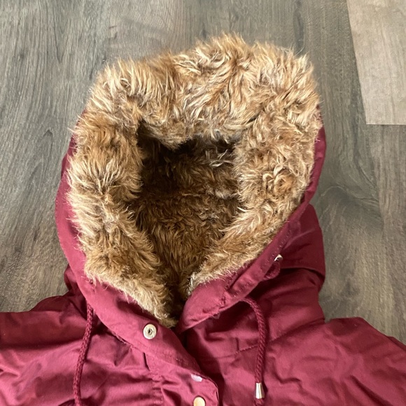 1X plus size womens burgundy winter jacket fuzzy brown hood lining sinched waist - Picture 2 of 4